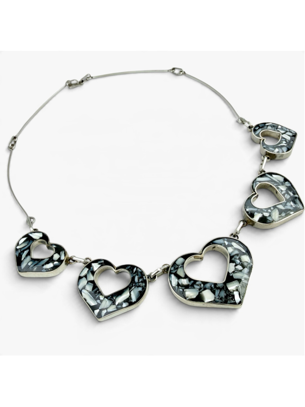 Title: Vintage Mexican Alpaca Silver Reversible Mother of Pearl Heart Necklace